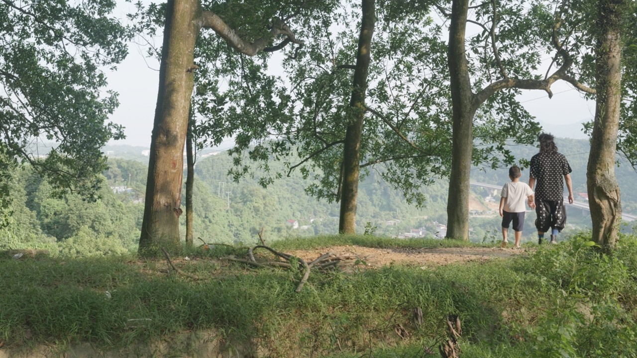 An adult and child walk through trees